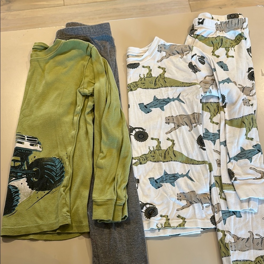 BUNDLE Carter's Cozy Green and White Dinosaur Long Pajama Set and Monster Truck